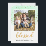 Blessed Pastel Green Gold Glitter Christmas Holiday Card<br><div class="desc">Blessed Christian Pastel Watercolor and Gold Glitter Confetti Religious Christmas Holiday Photo Card. The photo and family name can be updated and customised on this cute watercolor and sparkly glitter Christmas card. Please contact the designer for matching items.</div>