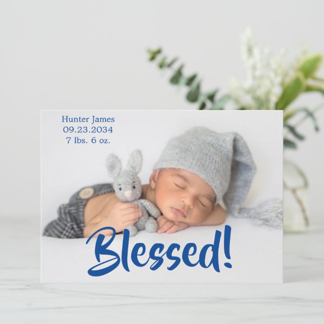 Blessed Photo Blue Script Personalised Birth Announcement (Standing Front)