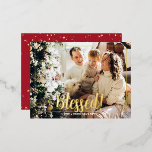 Blessed, Photo Name Gold Foil Holiday Post Card #1