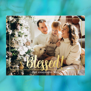 Blessed, Photo Name Gold Foil Holiday Post Card #3
