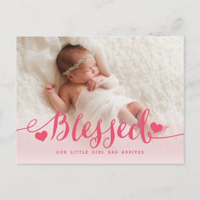 Blessed | Pink Baby Girl Birth Announcement (Front)
