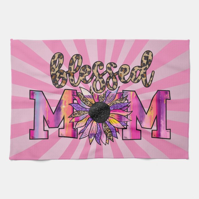 Blessed Pink Mum Floral Modern Tea Towel (Horizontal)