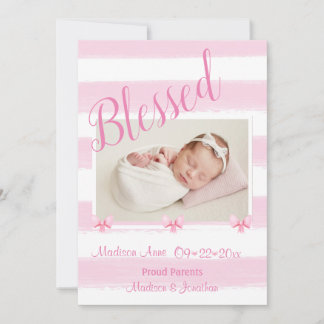 Blessed Pink Photo Script Personalise Girly Birth Announcement