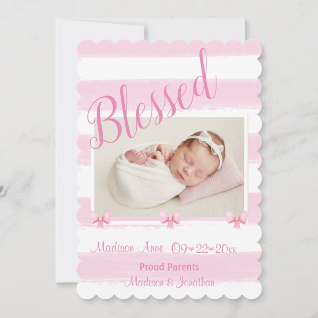 Blessed Pink Photo Script Personalise Girly Birth Announcement (Front)
