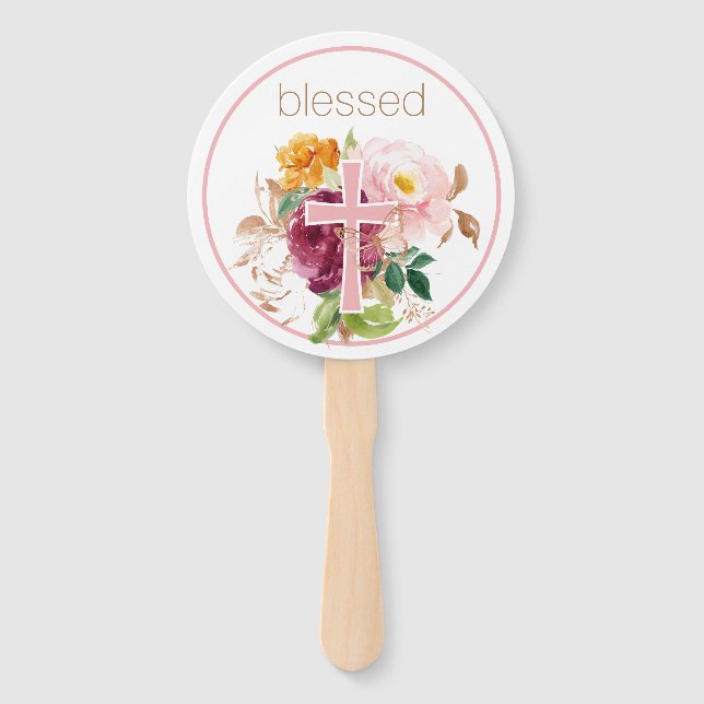 Blessed Pink Watercolor Floral Hand Fan (Front)