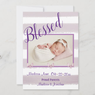 Blessed  Purple Photo Script Personalise Birth Announcement