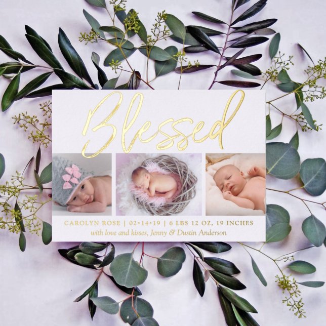 "Blessed" Real Foil 3 Photo Birth Announcement (Creator Uploaded)