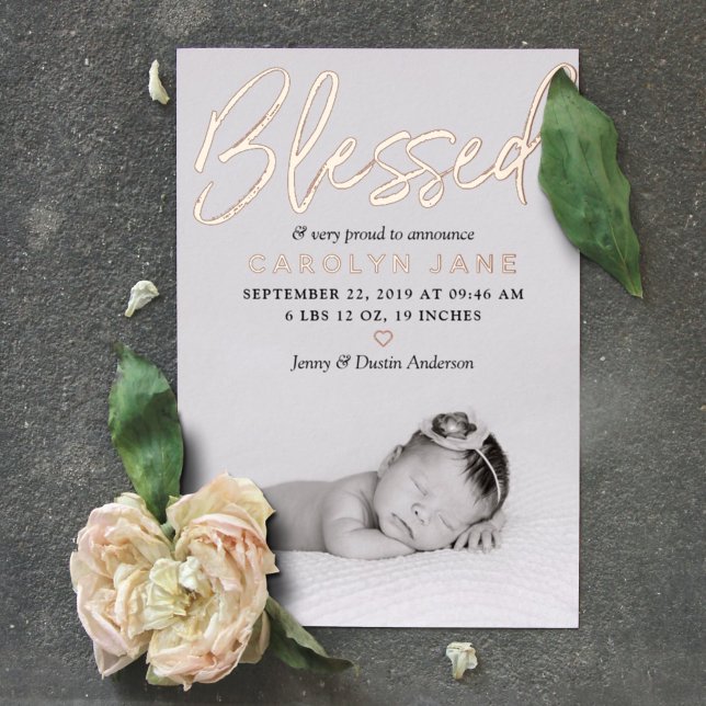 "Blessed" Real Foil Photo Birth Announcement (Creator Uploaded)