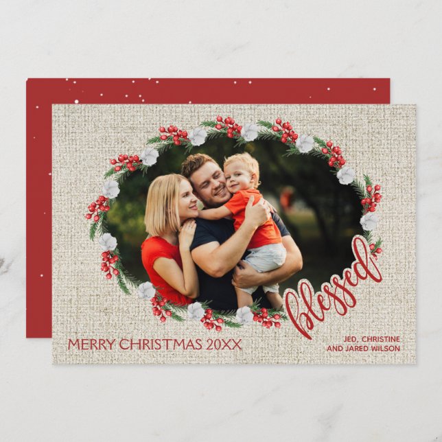 Blessed Red Berries Christmas Photo Holiday Card (Front/Back)