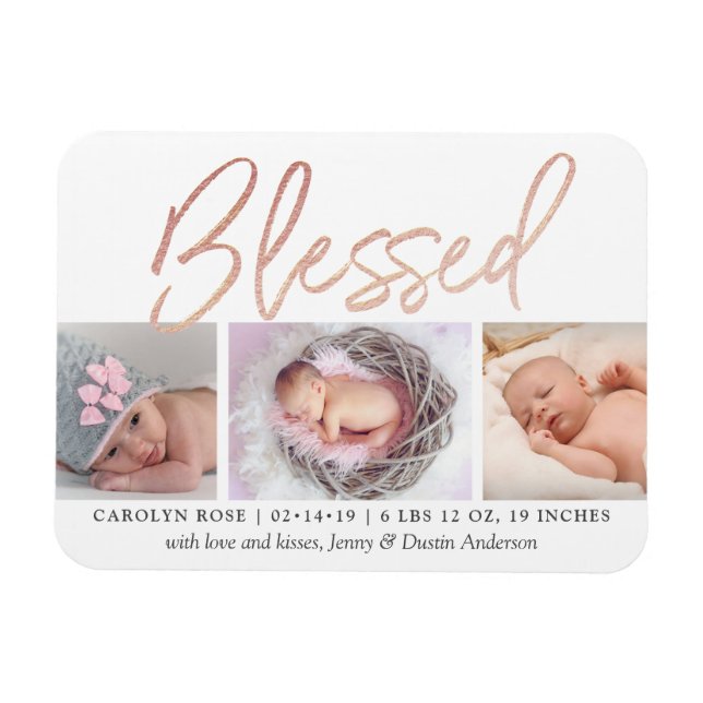 "Blessed" Rose Gold Foil Photo Birth Announcement Magnet (Horizontal)
