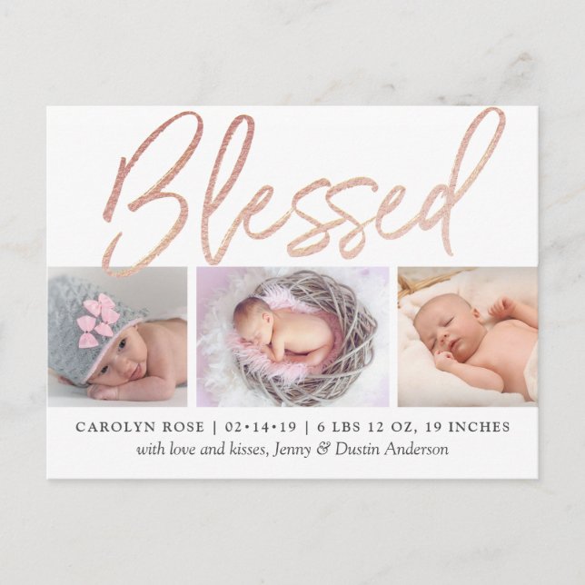 "Blessed" Rose Gold Foil Photo Birth Announcement Postcard (Front)
