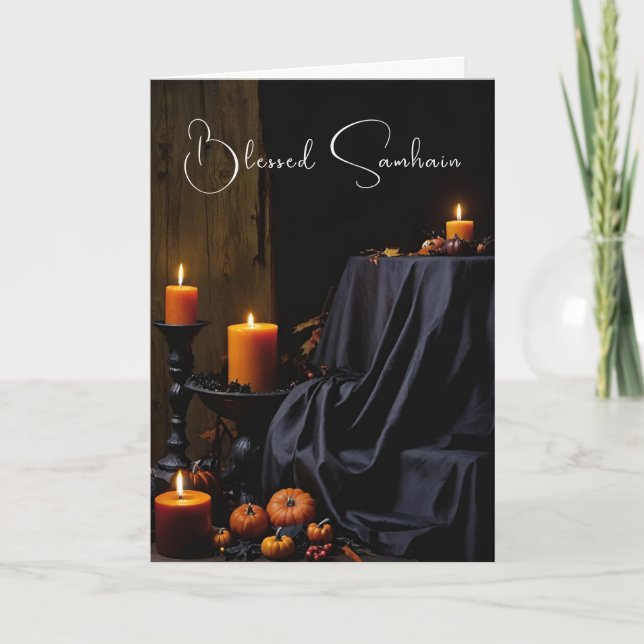 Blessed Samhain Halloween Pumpkin Candles Card (Front)