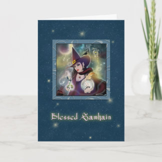 Blessed Samhain - Witch Blue Sparkle Card