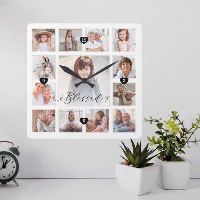 Blessed Script Family Memory Photo Grid Collage Square Wall Clock (Creator Uploaded)