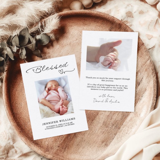 Blessed Script Flat Baby Birth Announcement Card (Creator Uploaded)