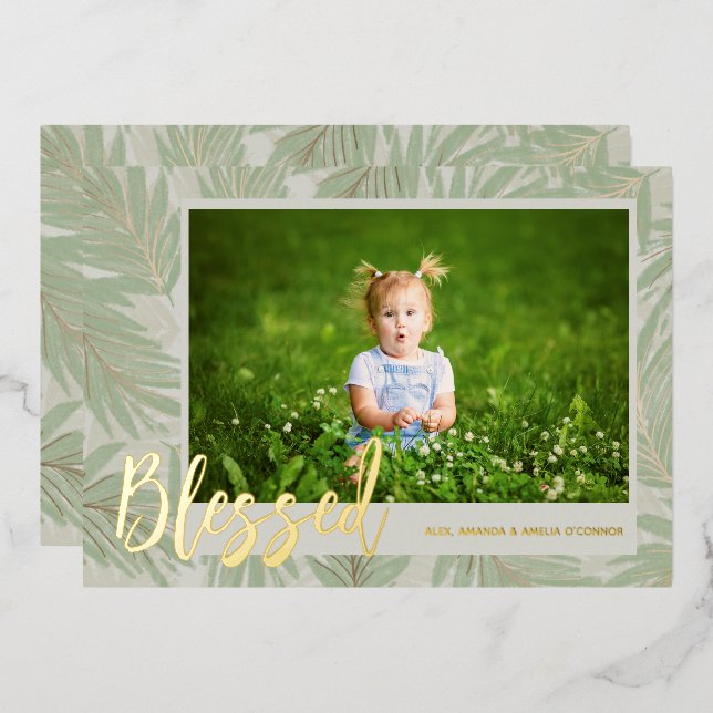 BLESSED Script Photo Gold Foil Holiday Card (Front/Back)