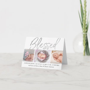 "Blessed" Silver Foil 3 Photo Birth Announcement