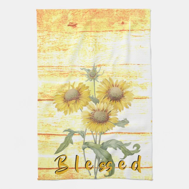 Blessed Sunflowers on wood Tea Towel (Vertical)