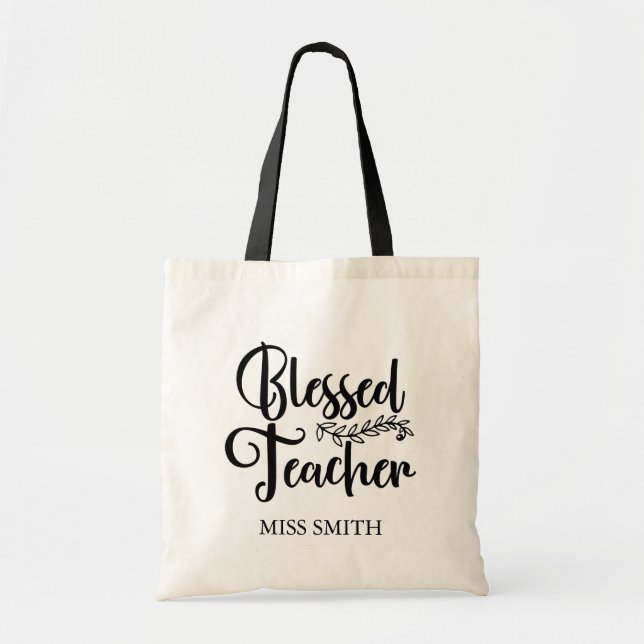 Blessed Teacher With Wreath Leaves | Teacher Gift Tote Bag (Front)