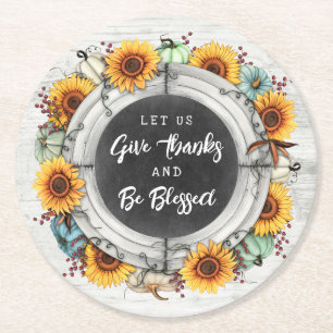Blessed Thanksgiving Fall Sunflowers Family Dinner Round Paper Coaster