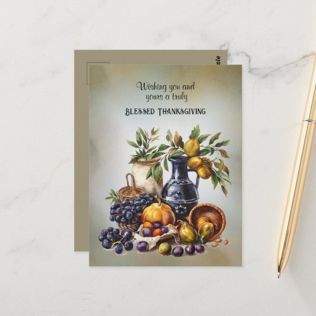 Blessed Thanksgiving Wine and Fruit Bowls Postcard (Front/Back In Situ)