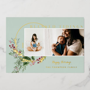 Blessed Tidings Watercolor Greenery Wreath Photos Foil Holiday Card