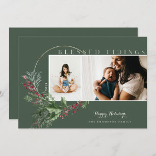 Blessed Tidings Watercolor Greenery Wreath Photos Holiday Card