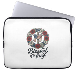 Blessed To Be Free Patriotic Floral Cross Shirt_1 Laptop Sleeve