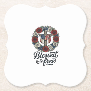 Blessed To Be Free Patriotic Floral Cross Shirt_1 Paper Coaster