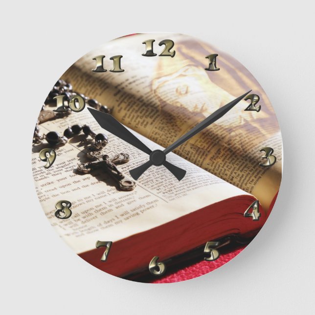 Blessed Virgin Mary Bible Rosary Round Clock (Front)