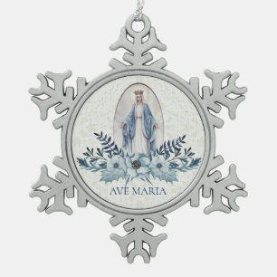 Blessed Virgin Mary Blue Flowers Lace Snowflake Pewter Christmas Ornament