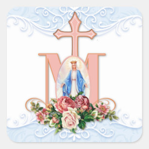 Blessed Virgin Mary Catholic Roses Religious Square Sticker