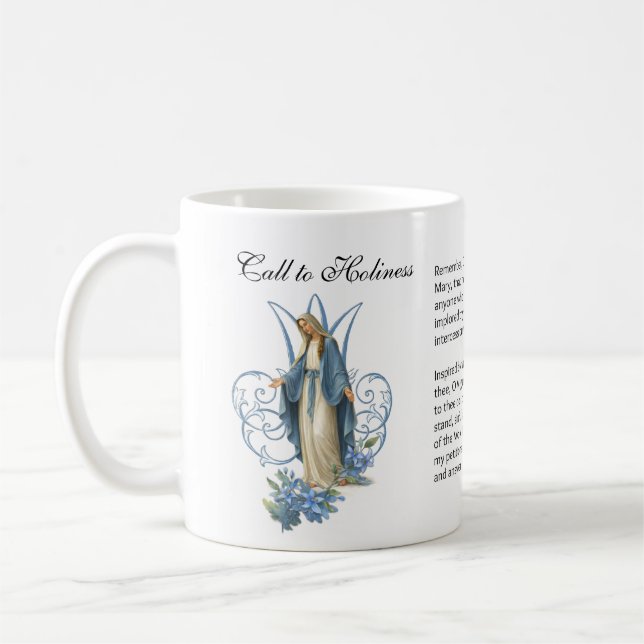 Blessed Virgin Mary Floral Memorare Prayer Coffee Mug (Left)