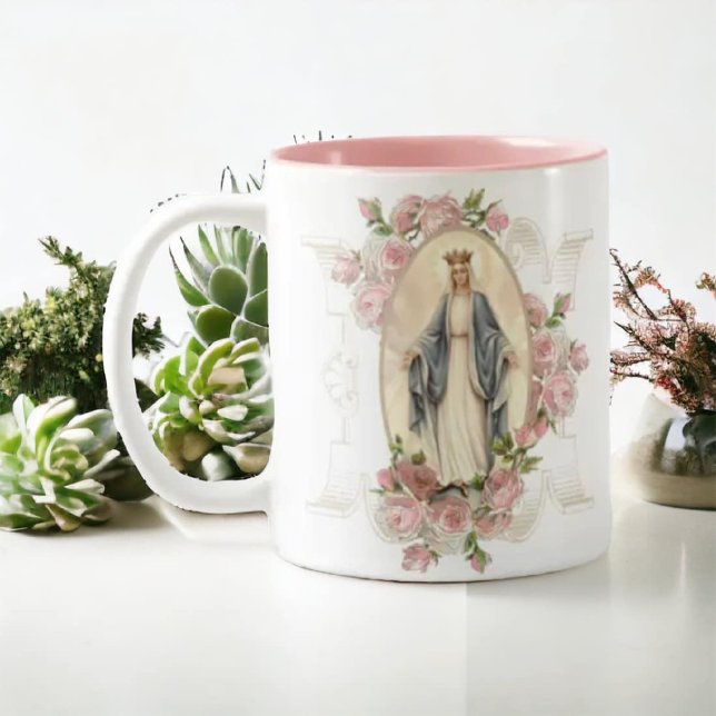 Blessed Virgin Mary Flowers  Memorare Prayer Two-Tone Coffee Mug (Creator Uploaded)
