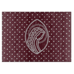 Blessed Virgin Mary in White Lace on Burgundy Cutting Board