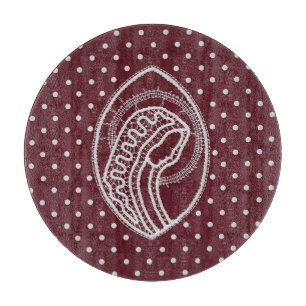 Blessed Virgin Mary in White Lace on Burgundy Cutting Board