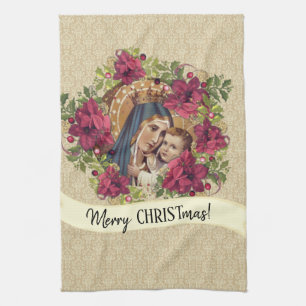 Blessed Virgin Mary Jesus Christmas Floral Tea Towel
