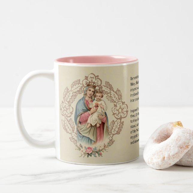 Blessed Virgin Mary Jesus Memorare Prayer Two-Tone Coffee Mug (With Donut)
