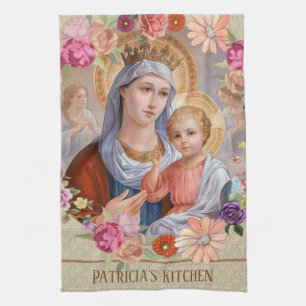 Blessed Virgin Mary Jesus  Roses Floral Religious Tea Towel