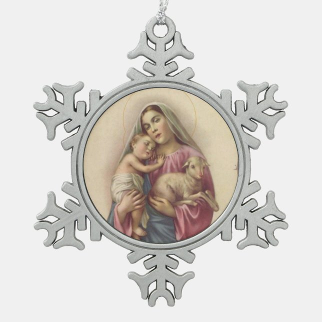 Blessed Virgin Mary Mother Baby Jesus & Lamb Snowflake Pewter Christmas Ornament (Front)