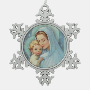 Blessed Virgin Mary Mother Baby Jesus Snowflake Pewter Christmas Ornament