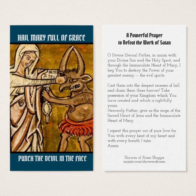 Blessed Virgin Mary Punch the Devil Holy Cards (Front & Back)
