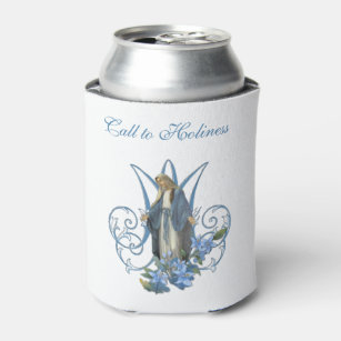 Blessed Virgin Mary Religious Catholic Blue Floral Can Cooler
