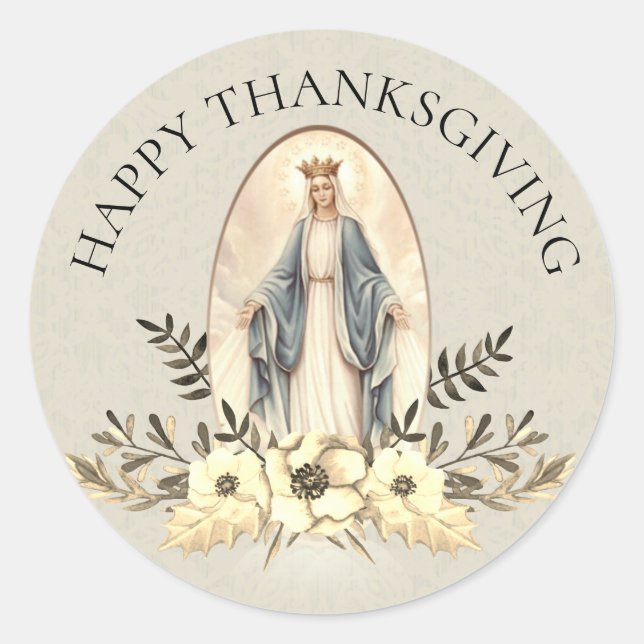 Blessed Virgin Mary Thanksgiving Floral Classic Round Sticker (Front)