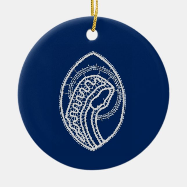 Blessed Virgin Mary, white lace, navy blue Ceramic Ornament (Front)
