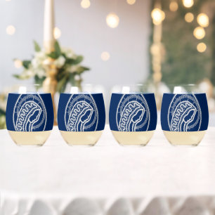 Blessed Virgin Mary, white lace, navy blue Stemless Wine Glass