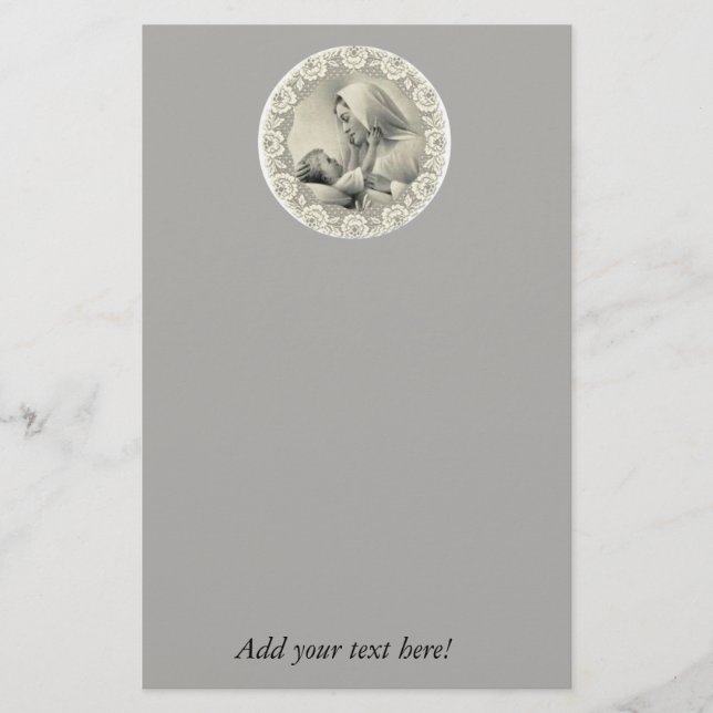 Blessed Virgin Mary with Baby Jesus Lace Border Stationery (Front)