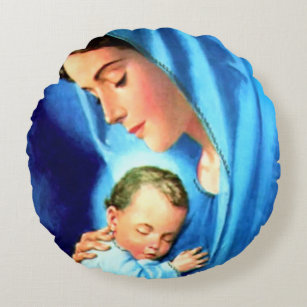Blessed Virgin Mary with Baby Jesus Round Cushion