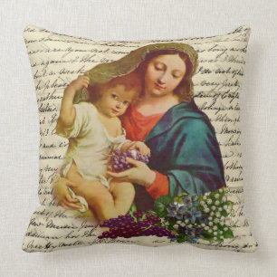 Blessed Virgin Mary with Jesus holding Grapes Cushion