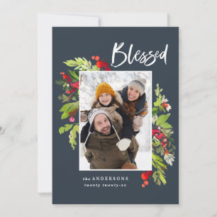 Blessed watercolor floral and foliage christmas holiday card